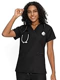 COZYFIT Scrub Tops for Woman - Back Princess Seams, Mock Wrap Top with 3 Pockets,Black,2XL