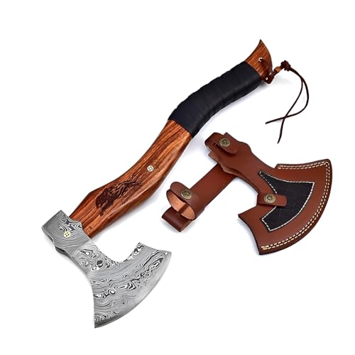 Dessi Viking Axe Damascus Steel Hatchet Tomahawk with Leather Sheath - Hand Forged Camping Axe Walnut Wood Handle Tiger Engraving, Bushcraft Outdoor Tool Gift for Men SM48
