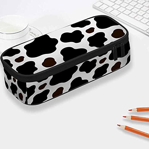 Image of Yekiua Cow Pencil Holder Brown Black White Spotted Skin Fur Big Capacity Pencil Case Multi-Purpose Makeup Pouch For Office College Adult