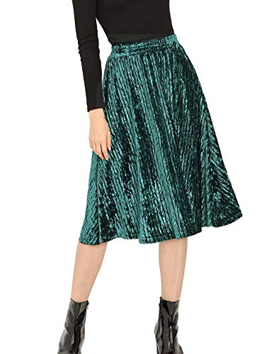 Allegra K Women s Elegant Office Elastic Waist Vintage Velvet A-Line Midi Skirt L Green