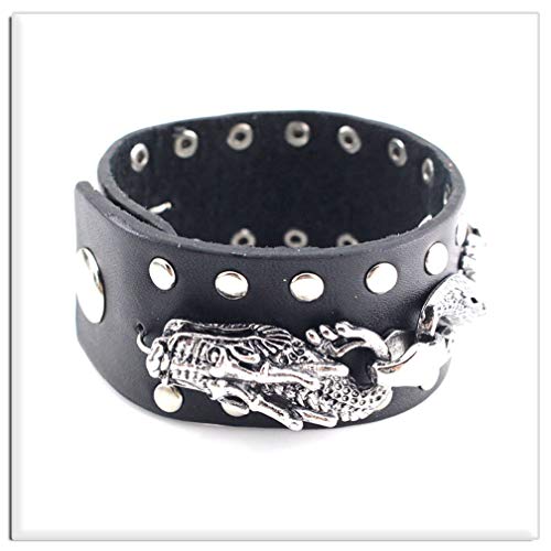 Xusamss Hip Hop Alloy Dragon Rivet Wide Leather Wristband Cuff Bracelet,7.0-8.0"(Black) #TOP2