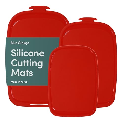 Blue Ginkgo Silicone Cutting Boards  Set of 3 (Small, Medium, Large)  Double-Sided, Thick, Flexible, Non-Slip, BPA Free  Juice Grooves, Dishwasher Safe (Made in Korea, Red)