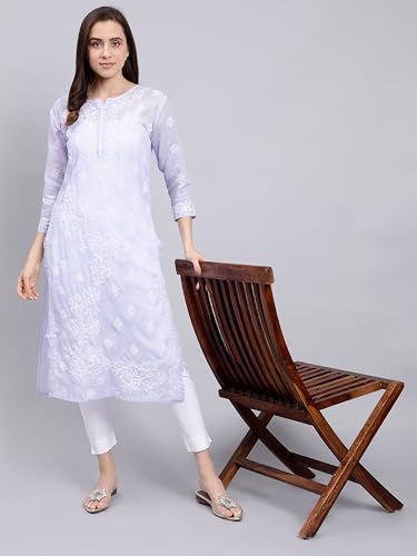 Image of Seva Chikan Hand Embroidered Lucknowi Chikankari Terivoil Cotton Regular Fit Straight Kurta for Women SCL4351