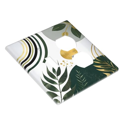 Decorative Outlet Covers Boho Green Leaves Bohemian Gold Sun 2 Gang Wall Plate Cover Single Toggle Duplex Combo Two Switch Light Switch Cover Plate Jumbo Faceplate