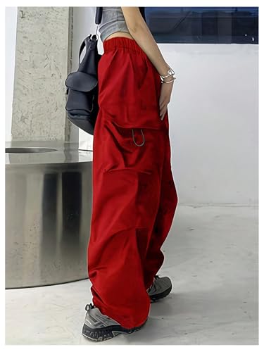 SweatyRocks Calça cargo feminina Y2k cintura alta perna larga franzida calça folgada, Vermelho, 16 A