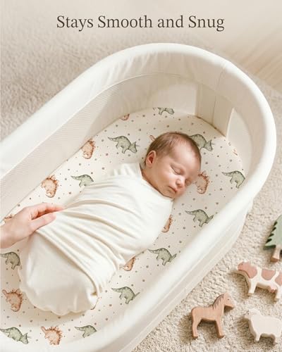 Image of Bassinet Sheets for Baby Girls Boys 2 Pack, Fitted Baby Mattress Sheet for Rectangle, Oval, Hourglass Bassinet Mattress, Breathable Cozy & Universal Fit (Tiny Dinos, Bassinet Sheet)