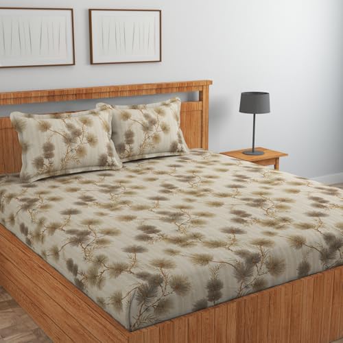 Image of NEW LEAF Cotton Fitted King Bedsheets with 2 Pillow Covers | Elastic Fitted | Wrinklefree | Ultrasoft |Winter Bedsheet 200 to 220 tc Floral | 78x72+8 Inches, Floral Beige Leaf Print