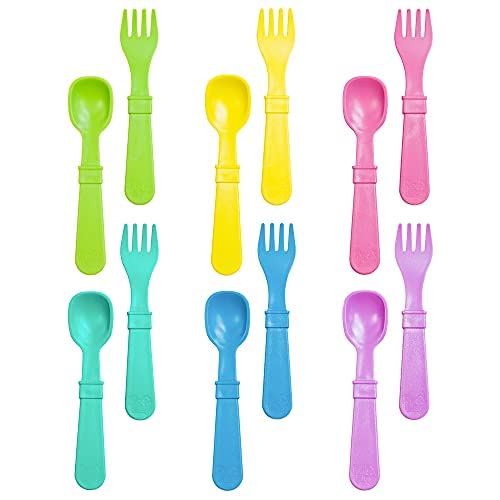 Re Play Made In Usa 12Pk Fork And Spoon Utensil Set For Baby & Toddler Feeding In Yellow, Lime, Pink, Purple, Aqua & Sky Blue - Bpa Free - Made Of Eco Friendly Recycled Milk Jugs - Sorbet #TOP12
