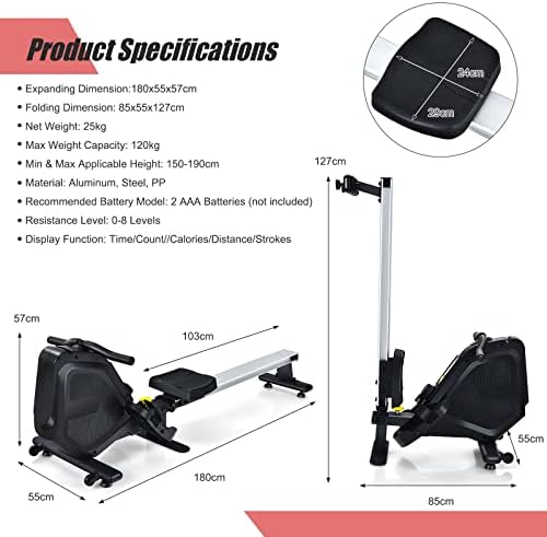 COSTWAY Foldable Rowing Machine, Indoor Magnetic Rower with LCD Monitor, Double Aluminum Slide Rail, 8 Level Adjustable Resistance, Exercise Machines for Home Gym