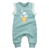 Blauer Overall mit Eis Motiv NINI Baby Mädchen Strampler Bio Baumwolle  Motiv: mint Icecream  Baby Overall ohne Arme und ohne Füße für Neugeborene & Kleinkinder  Größe: 9-12 Monate (80)