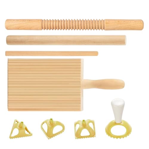 Pasta Making Kit, Dough Board, Wooden Threaded Rolling Pin, 8-Piece Kitchen Tools Set, Easy-Grip Dumpling Maker, Ravioli Stamp Cutter, Homemade Italian Dinner Cooking Accessory for Kitchen Use