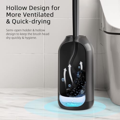 Image of HAMITOR Toilet Bowl Brush Holder Set: Bathroom Deep Cleaning Toilet Cleaner Scrubber Under Rim with Curved Bristle for Dead Corner Clean - Hidden Rv Toilet Decorative Accessories with Caddy- Black