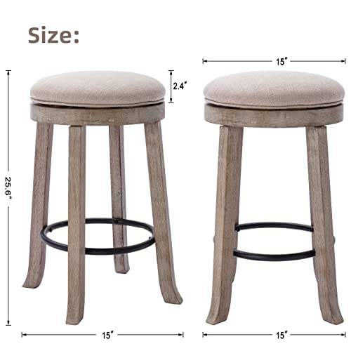 Lukealon Farmhouse Linen Fabric Round Bar Stools Set Of 2, 360° Swivel 25.6” Counter Height Stools With Solid Wood Legs Backless Low Barstools With Footrest For Home Bar Kitchen Island, Beige #TOP2