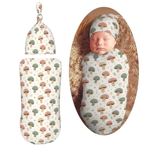 Image of Muishi Happy Mushroom Newborn Swaddle Blankets Hat Sets Soft Baby Receiving Blanket Swaddle Sack for Baby Shower Infant Boy Girl Gift