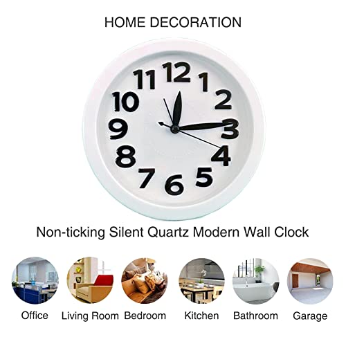 Buyinmo 6 Inch Bedroom Bedside Student Office Desk Clock, Battery Operated Alarm Clock, Silent No Ticking Analog Quartz Kitchen Living Room Decorative Round Large 3D Numbers Wall Clock-White #TOP4
