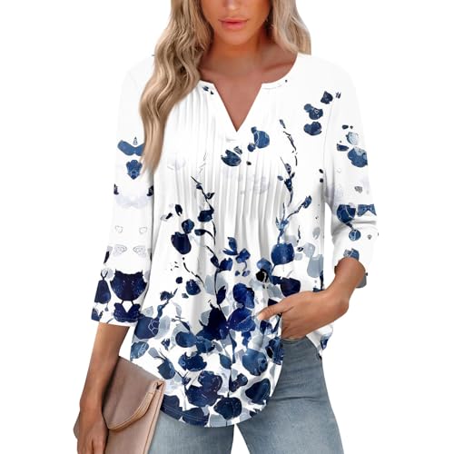 3/4 Length Sleeve Tops for Women Trendy Summer Vneck Shirts Floral Print Tops Loose Fit Pleated Elbow Sleeve Blouses
