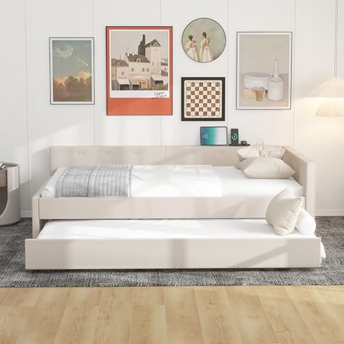 Full Size Upholstered Platform Bed with Linen Fabric, Twin Trundle, Built-in USB Ports, Sturdy Wood Frame, No Box Spring Required, Modern Bedroom Furniture, Beige, Space-Saving and Comfortable by GDFStudio - Used condition - Image 3