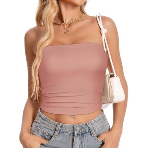 Women Tube Top Summer Strapless Crop Tops Basic Bandeau Going Out Y2k Short Shirt(Beige,M)