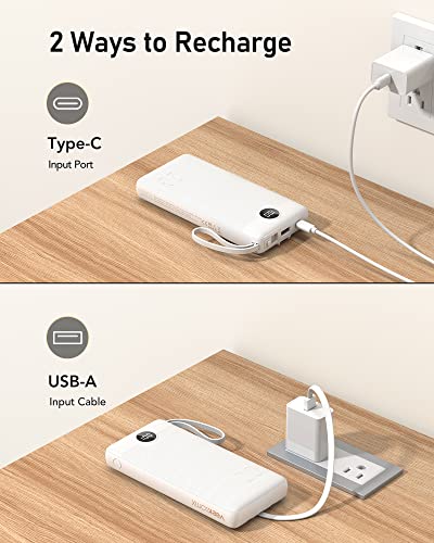 VEEKTOMX Power Bank 20000mAh Powerbank con Cavi Integrati Caricatore Portatile USB C Batteria Esterna con 5 Uscite e 2 Ingressi Compatibile con iPhone Samsung Huawei Xiaomi (20000mAh-Bianca)