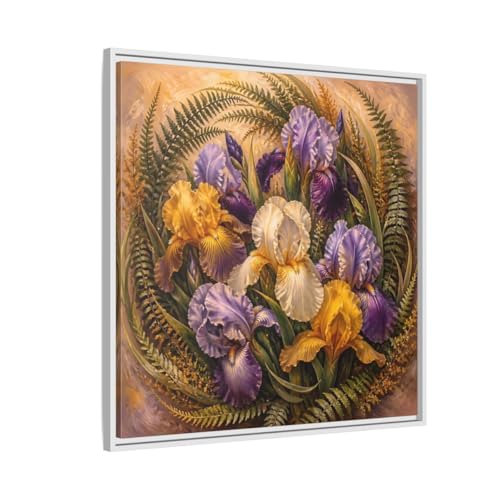 Tableau bouquet d'iris vintage encadré 75x75 cm blanc pour salon