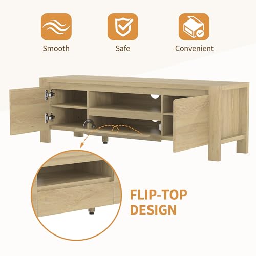 Image of TV Stand with Cabinet Doors, Entertainment Center with Adjustable Shelves, Media Console with Cable Management for Living Room or Bedroom,Natural Wood