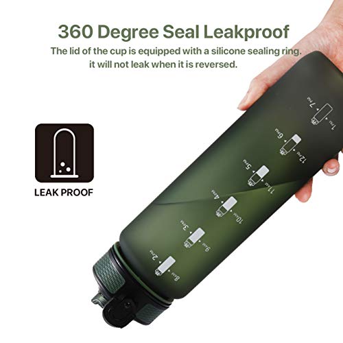 EYQ 32 oz Water Bottle with Time Marker, Carry Strap, Leak-Proof Tritan BPA-Free, Ensure You Drink Enough Water for Fitness, Gym, Camping, Outdoor Sports (Hunter Green) - Thumbnail 5