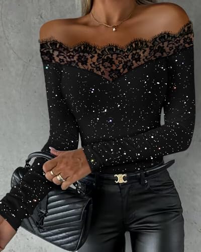 Womens Off Shoulder Glitter Lace Patch Long Sleeve Slim Fit Shirt Casual Trendy Party Club Outdoor Everyday Wear Shirt