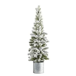 Nearly Natural 3ft Flocked Christmas Artificial Pine Tree in Tin Planter