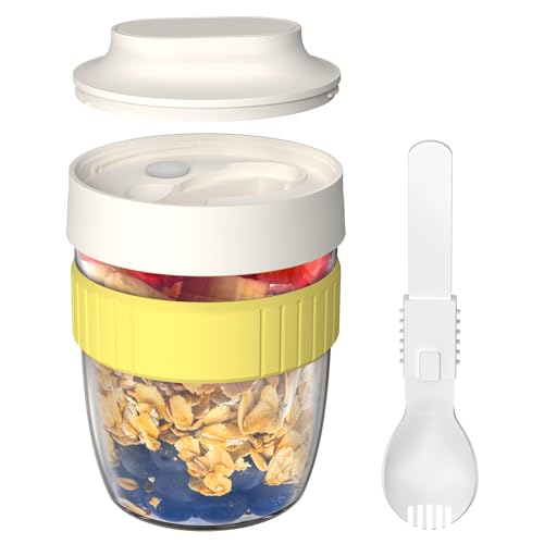 Linkidea Contenitore per avena notturna con coperchio, tazza di yogurt in plastica ermetica da 500 ml con cucchiaio e coperchio, contenitore portatile per avena notturna per lavoro/picnic (Bianco)