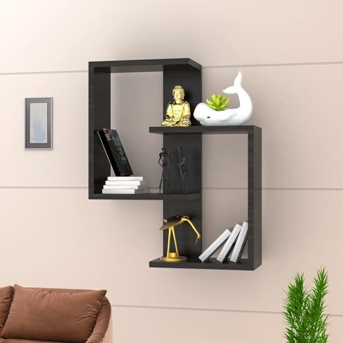 Image of Furniture Cafe Modern Wooden Wall Mounted Shelf - Intersecting Cube Display Rack for Living Room, Bedroom, and Office Decor (Black)