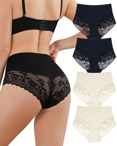 Aijolen Culotte sans Couture Femme Invisible Taille Haute Slip Dentelle sous-Vêtements Sexy Extensible Hipster Bikini Lot de 4