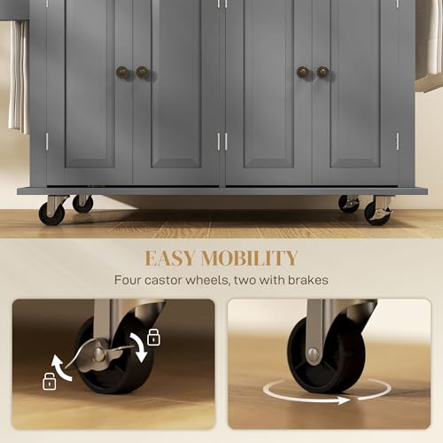 HOMCOM Kitchen Island Cart with Rubber Wood Top, Rolling Kitchen Island Table on Wheels with Drawers, Adjustable Shelves, Spice Rack and Towel Rack for Dining Room, Gray