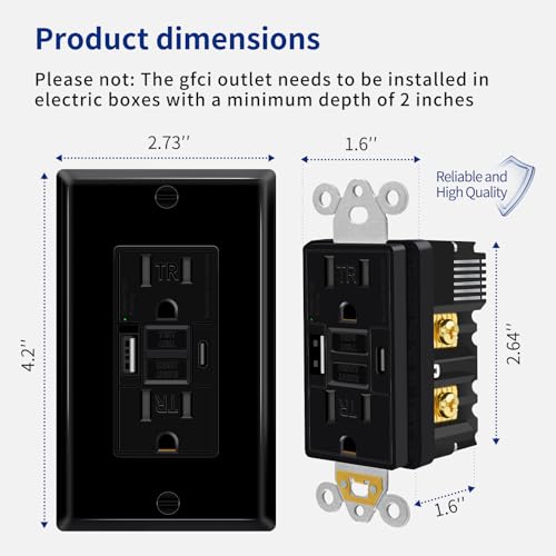 Greencycle Black 15 Amp GFCI Outlet with USB C & USB A Ports, 1PK Self Test GFCI Electrical Outlet Combination with USB,with LED Indicator,Residential & Commercial Grade, Includes Wall Plate & Screws - Image 7