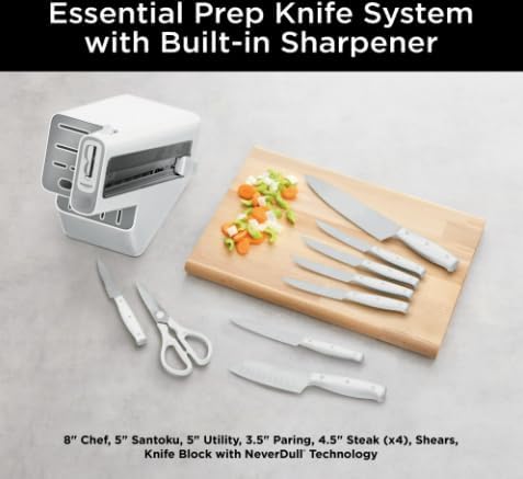 Niinjja Never Dull 10 Piece, Essential Knife System with Built In Sharpener, Sharp Precision, Comfortable Grip, Stainless Steel, Compact, color white (model 12010 WH)