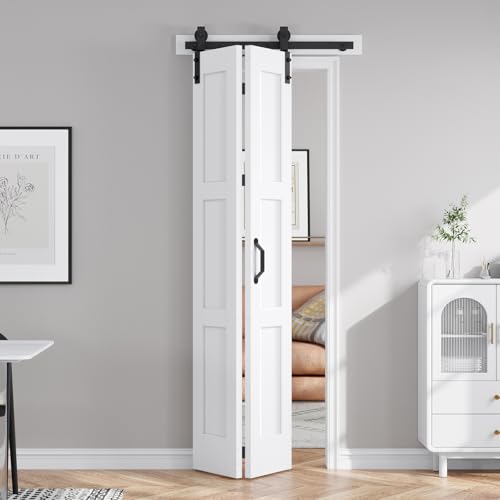 FREDBECK 24X84(Double 12x84) White Bifold Door Sliding Folding Barn Doors Double with 28' Hardware Kit & Handle,Solid MDF Door with Water-Proof PVC Surface for Closet,Assembly Required