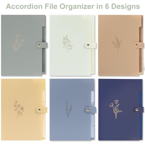 EOOUT 6pcs Expanding File Folders with 5 Pockets, Accordion Folders for Documents, A4 Letter Size Gold-Embossed Floral Plastic File Organizer with Snap Button for School and Office Supplies