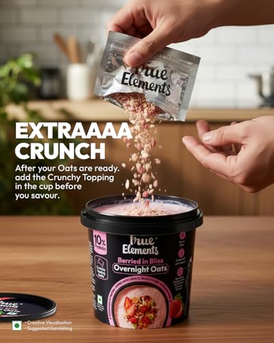 Image of True Elements Overnight Oats Berried in Bliss 62g - Ready-to-Eat Breakfast | High Protein, Fibre & Berry Flavour | Healthy Instant Oats Snack