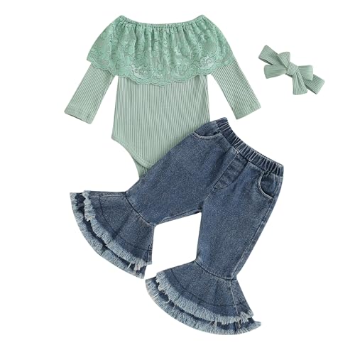Image of fhutpw Newborn Baby Girl Clothes Infant Rib Frill Long Sleeve Romper Flared Pants Headband Set 3pcs Fall Winter Outfits