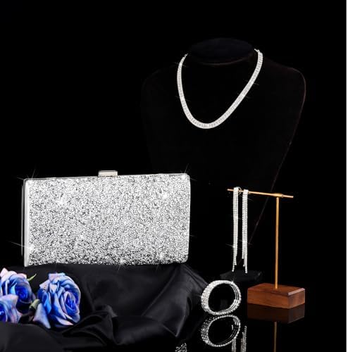 Kigeli 4 Pieces Women Rhinestone Evening Clutch Bag Bling Earring Necklace Bracelet for Wedding Graduation Prom(Silver) - 3