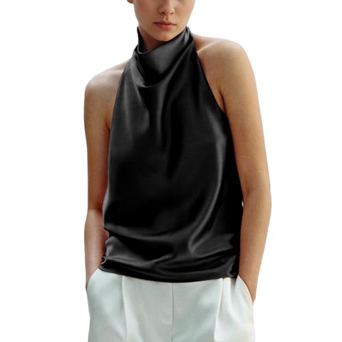 Maohao Womens Silk Satin Tank Tops Halter Draped Front Sexy Backless Womens Summer Tops Elegant Camisole Tops (Black M)
