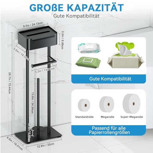 FUNPALA Toilettenpapierhalter Stehend – Edelstahl Klopapierhalter Stehend mit Feuchttücherbox, Stabiler Toilettenpapier Ständer,Klopapierständer Freistehender Für 4 Rollen (Schwarz Matt)