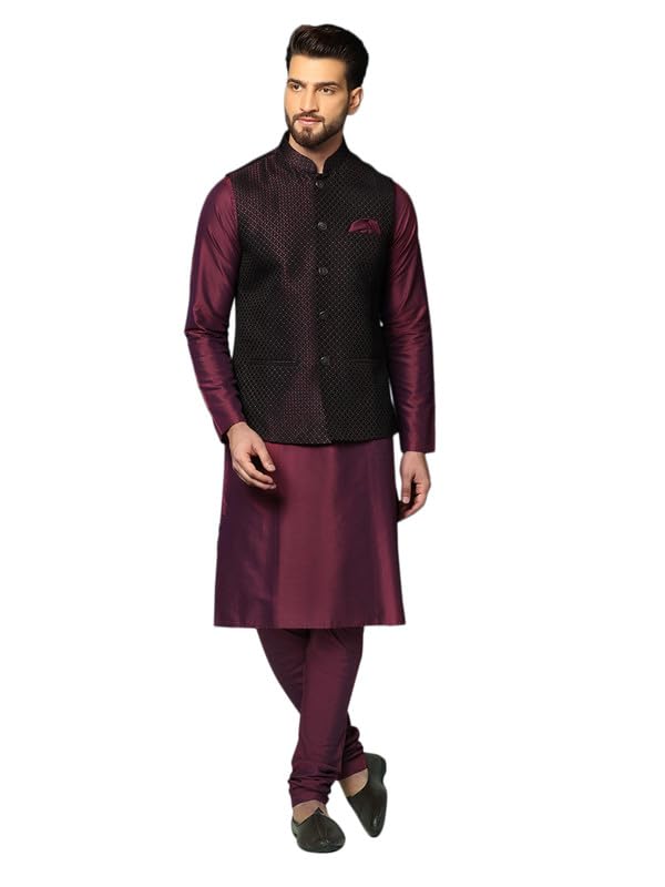 Image of KISAH Men Kurta Waistcoat Churidar Set