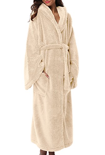 1stmall Fleece Robe, Long Hooded Bathrobe for Women's with Soft Velvet Bathrobe, Apricot