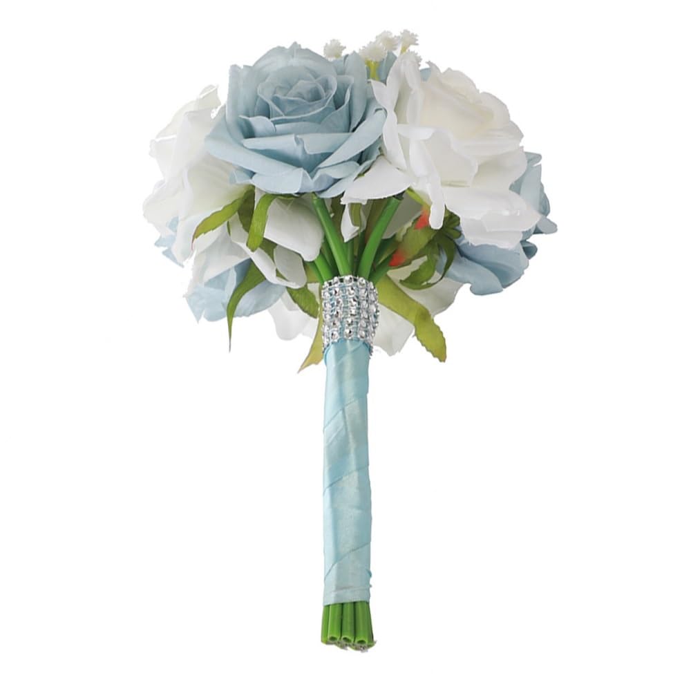 Huffa Whiteandblue Silk Cloth Artificial Rose Bouquet - Elegant Bridesmaid Flower Arrangement For Weddings