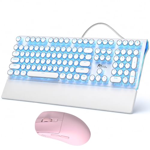 RK ROYAL KLUDGE S108 Typewriter Mechanical Keyboard Blue Backlit and RK M30 Wireless Gaming Mouse Pink
