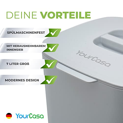 YourCasa® Komposteimer - 7L - für alltäglichen Biomüll in der Küche - Spülmaschinenfest - geruchsdicht- herausnehmbarer Inneneinsatz - Bio Mülleimer mit Deckel (Hellgrau) - Image 5