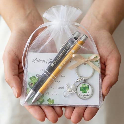 Zidoley Mutmacher Geschenk Set Du Schaffst Das Glücksbringer Kugelschreiber mit Kleeblatt Schlüsselbringer Glücksbringer Prüfung Viel Glück Geschenke zur Kommunion Konfirmation für Kollege Abschied