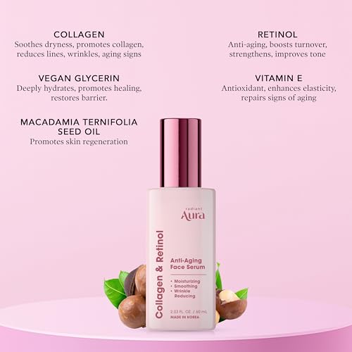 Radiant Aura Collagen & Retinol Serum For Face – Dermatologist Tested, Anti Aging, Korean Skin Care – Firming, Hydrating, Fast-Absorbing, Smoothing – Vegan, Clean Beauty – 2.03 Fl Oz