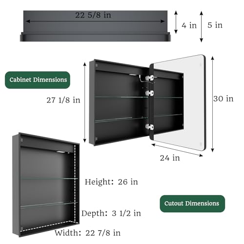 ComfyStyle 24x30 Lighted Medicine Cabinet with Mirror, Sand Black Frame,3 Colors Temper dimmable,led Medicine Cabinet with Mirror defog,stepless dimming,Surface or Recessed Mount,Door Right Open by ComfyStyle - Image 7