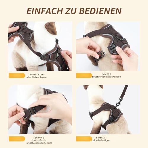 GlasFlength Katzengeschirr mit Leine Ausbruchsicher, Katzenleine mit Geschirr für Katzen Verstellbar Katzen Geschirr Set Cat Harness Softgeschirr für Katze mit Reflektierenden Streifen (Kaffee-M)